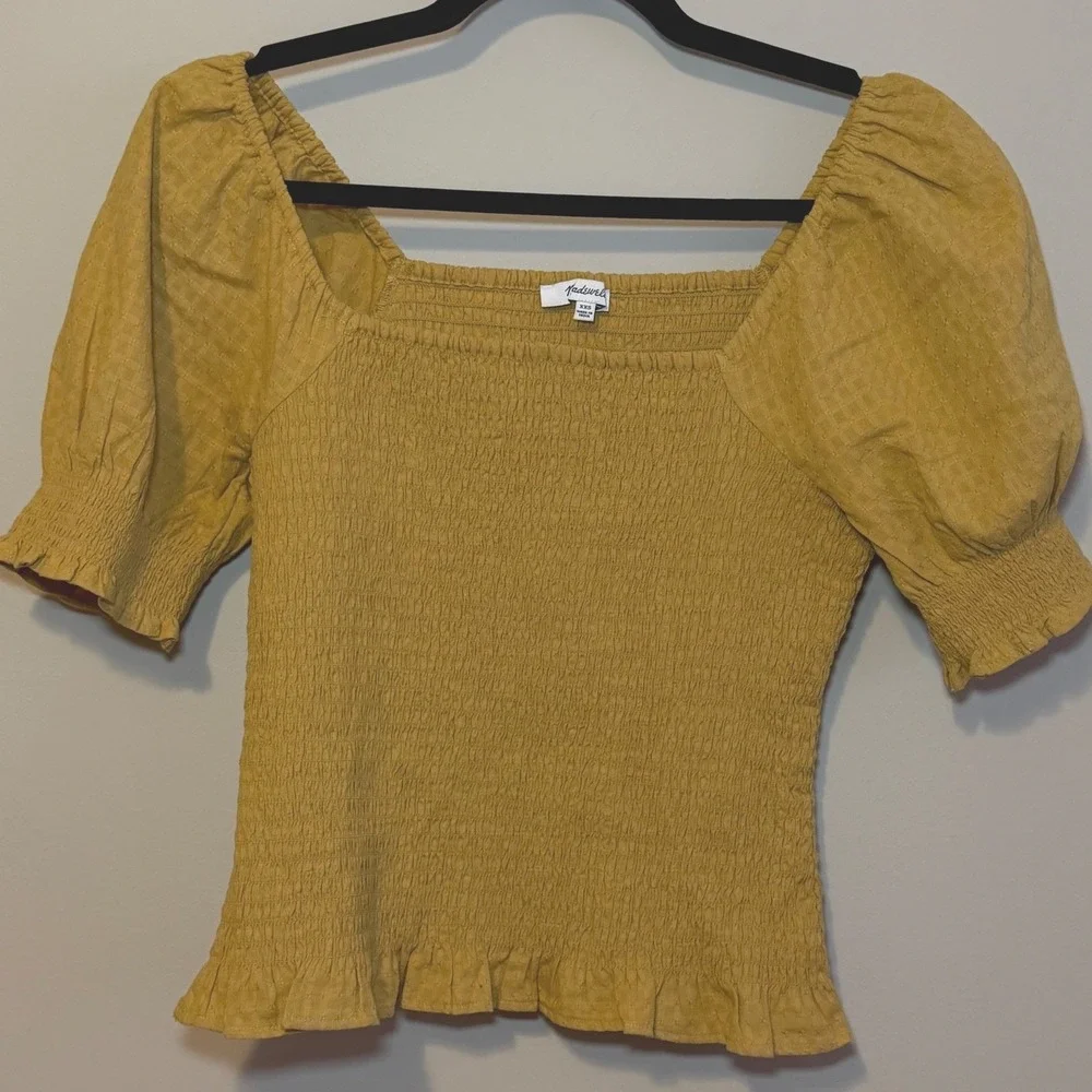 Madewell Smocked Puff Sleeve Top Yellow Dobby Ruffle Hem XXS NA366